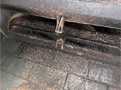 Soot and creosote buildup inside the fireplace chimney flue of a Schwenksville PA home, documented during a June 2026 home inspection