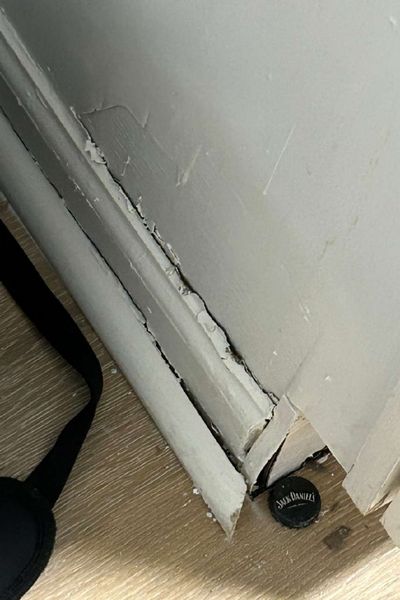 Mold and deterioration at the base of the kitchen cabinet molding in an Elkins Park PA apartment, documented during a December 2025 mold test