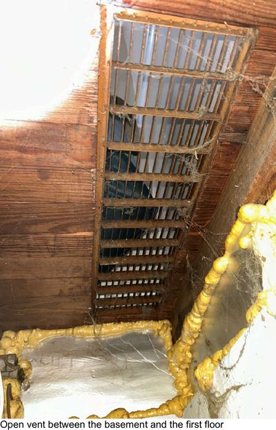 Open vent connecting the basement to the first floor in a Haddon Township NJ home, found during an August 2026 mold test