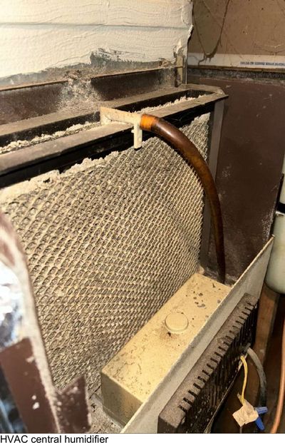 Dirty central humidifier pad and discolored housing inside the HVAC air handler of a West Chester PA home during a June 2026 mold test