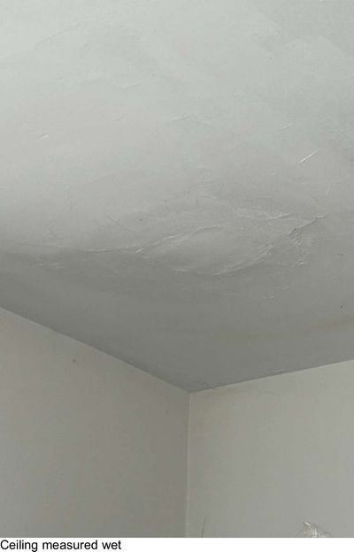 Blistered kitchen ceiling corner in a Manayunk rental property, the section that measured wet with a moisture meter during an August 2026 mold test after past water infiltration had been reported as remediated