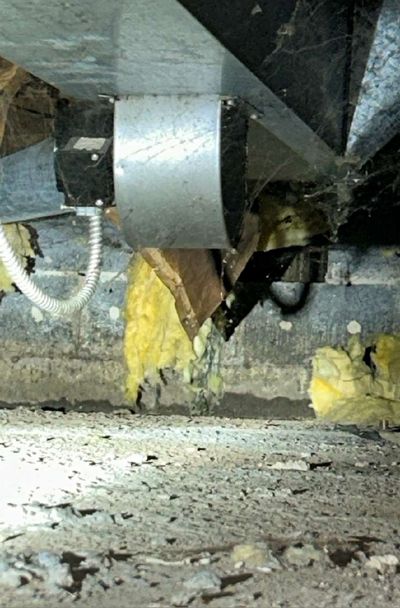 HVAC ductwork and blower connection in an Ambler PA crawl space, near where an air grab was taken from the central return duct