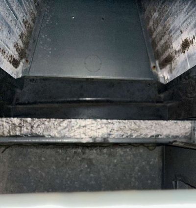 Dark discoloration on the HVAC AC coil and cabinet inside a West Chester PA home, noted during a June 2026 mold test