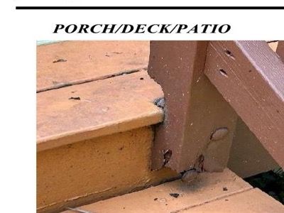 Rot at deck step handrail corner at Schwenksville PA home — soft compromised wood at junction of step and railing post